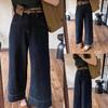 Women's Fall Straight-Leg Wide-Leg Jeans: Loose-Fitting, Slimming, High-Waisted, Dark Blue Cropped Pants for Petite Women