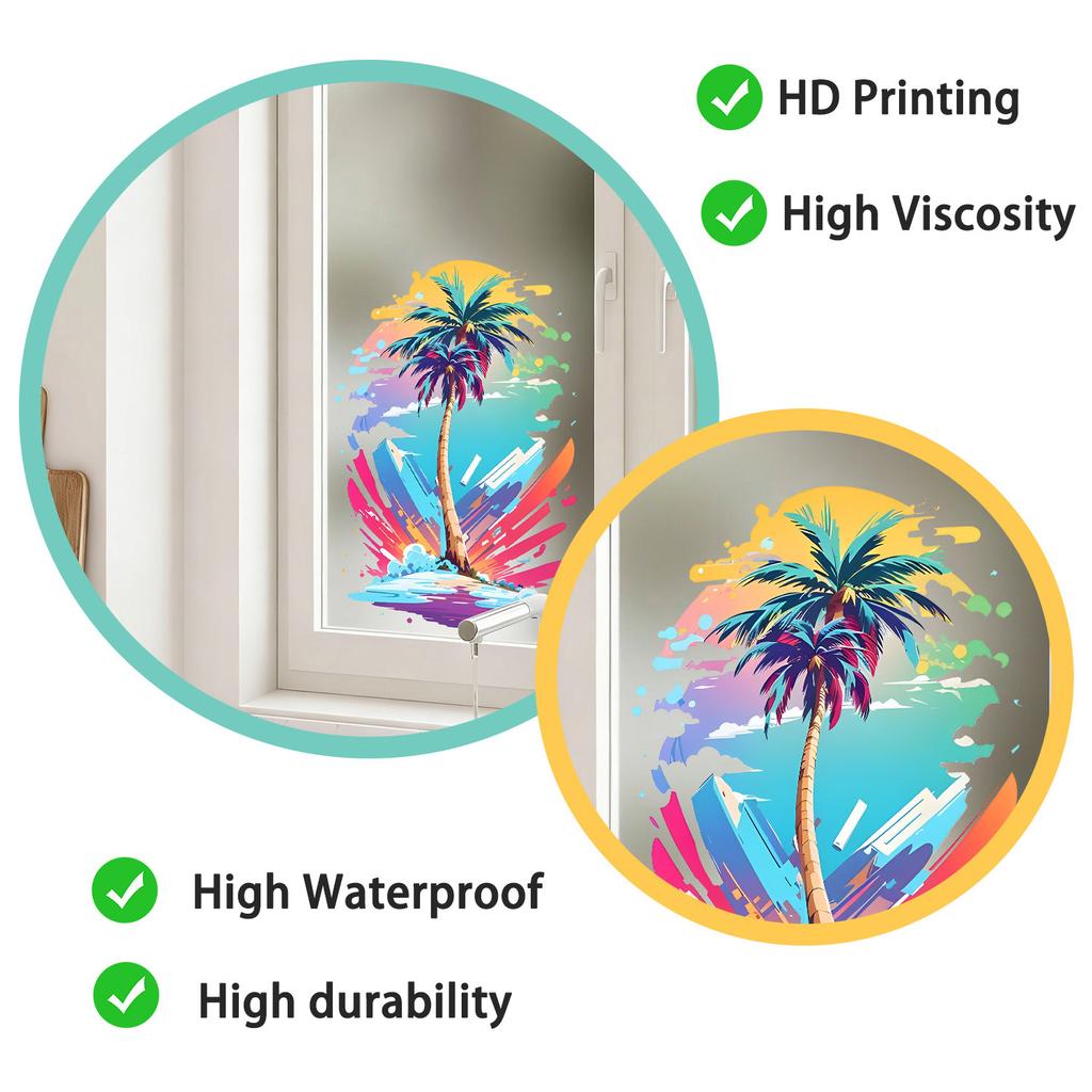 Static Cling Window Stickers Creative Doodle Coconut Tree for Kids Room Bedroom Kitchen Bathroom Glass Decor