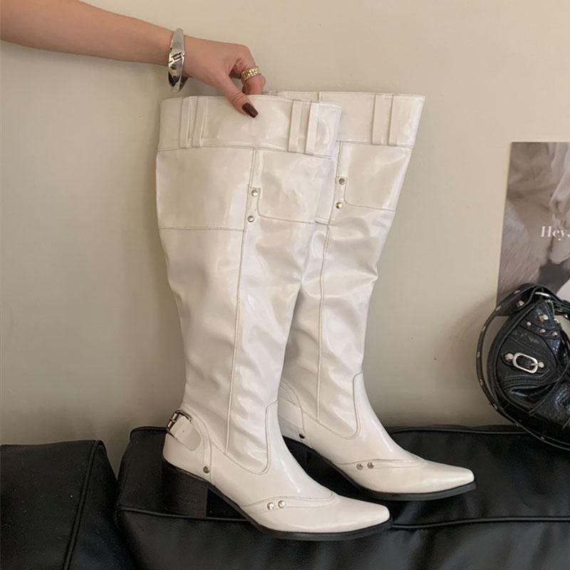 Fashion Fashion Buckle Women Knee High Western Boots With Heels Shoes Female Pointed Toe Footwear Modern Ladies Long Booties Pumps Shoes