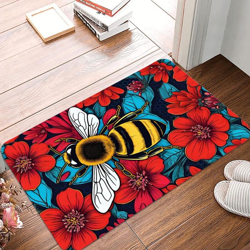 Bees and Flowers Printing Non-Slip Small Rug Waterproof Easy Clean Floor Mat for Indoor Outdoor Use Durable Home Decor Fashion