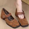 Vintage One Strap Block Heel Single Shoes Fashion Square Toe Shallow Mouth Soft Sole Non-slip Kitten Heels