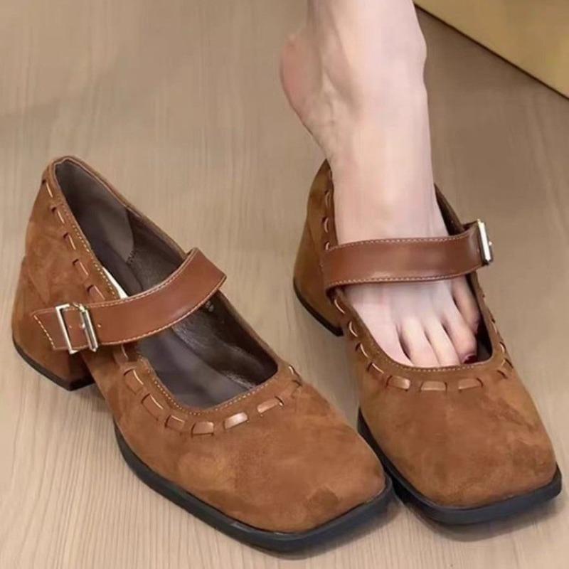 Vintage One Strap Block Heel Single Shoes Fashion Square Toe Shallow Mouth Soft Sole Non-slip Kitten Heels
