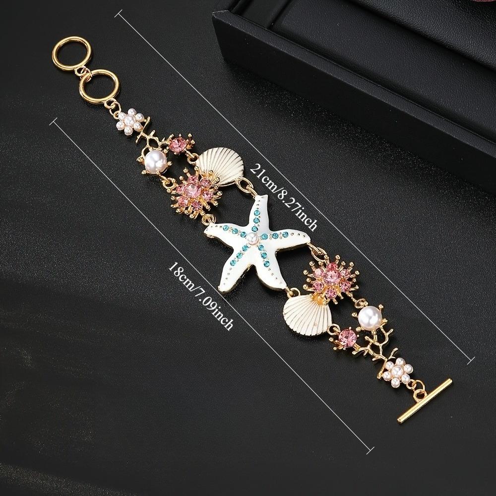 1PC Bohemian Beach Bracelet with Starfish, Coral and Shell Jewelry - Gold KC Plated Nautical Jewelry, Blue Pink Crystal