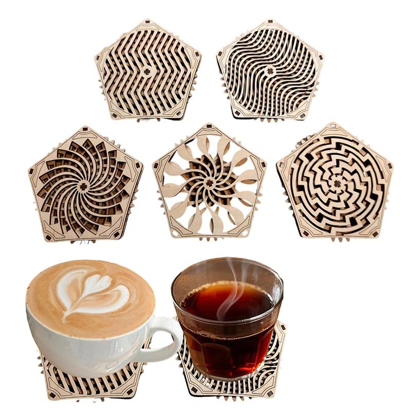 Kinetic Coaster Handmade Unique Pentagram Design Swivel Wooden Coasters Subtle Spiral Texture For Home/Office Decor Gifts