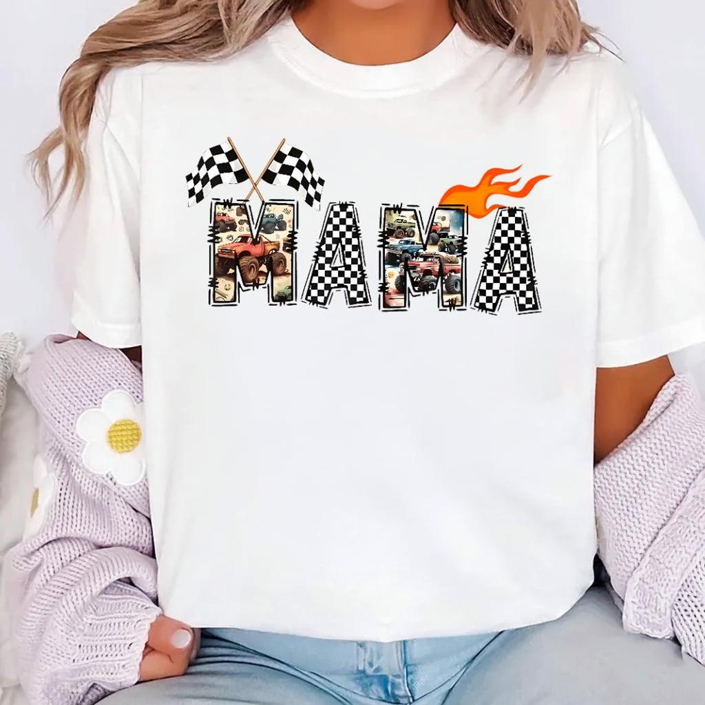 Mama Retro Monster Truck Shirt, Racing Checkered Flag Mom Tee, Cool Mom Truck Lover Gift, Vintage Race Car Shirt for Women