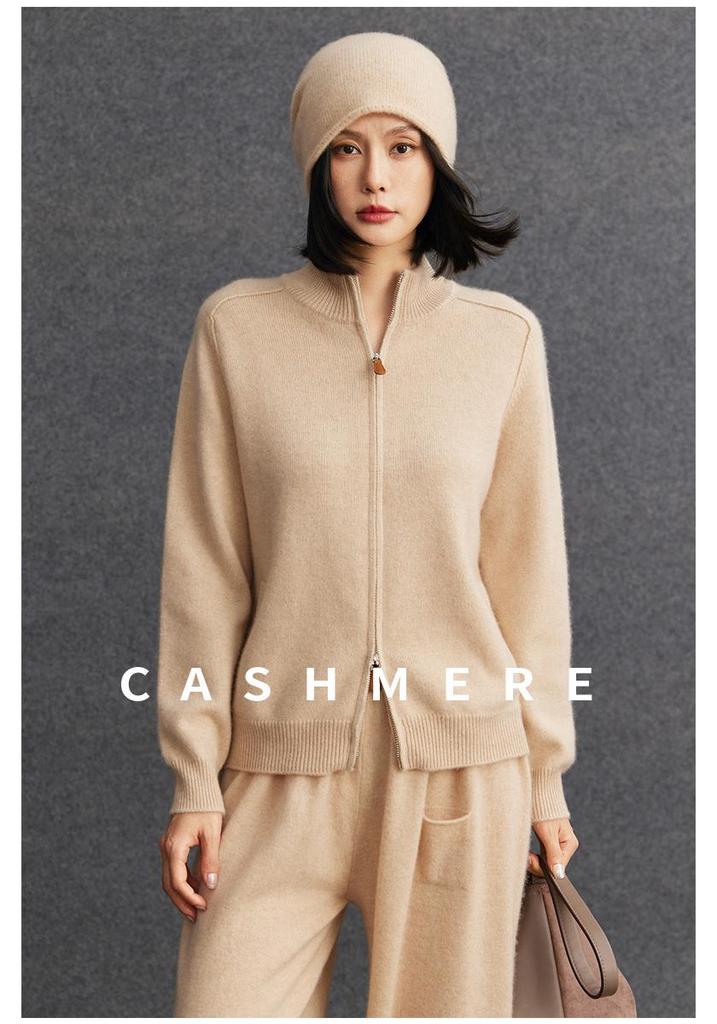 2025 Autumn/Winter Women's Cashmere Half-High Collar Cardigan with Double Zipper Pockets