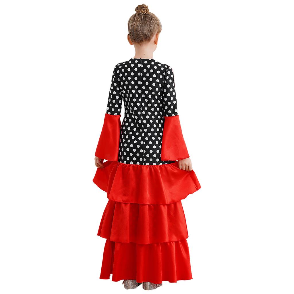 Girls Spanish Flamenco Dress Polka Dot Print Tiered Ruffles V Neck Dancewear