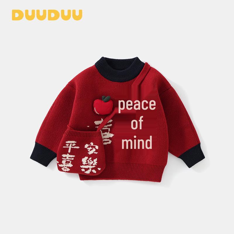 Детская новогодняя вязаная одежда DUUDUU: Красный свитер для малыша и ребенка - Осенне-зимняя коллекция 90 cm