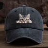 Adjustable Retro Washed Baseball Cap Strap with Cute Cat Print Curved Brim for Sun Protection for Outdoor Travel
