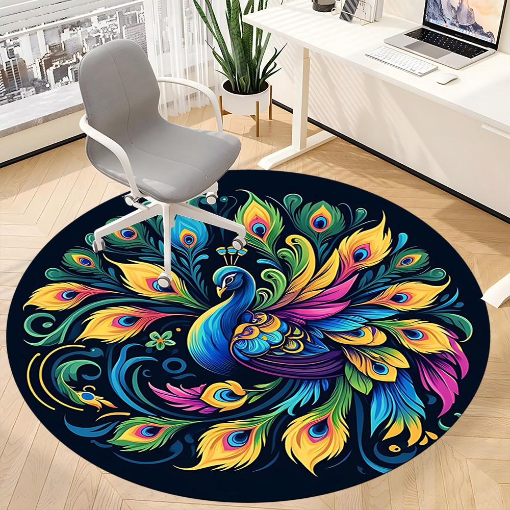 Tapis rond à motif plumes de paon (1 pièce), idéal pour le bureau, la chambre ou le salon. Décoration intérieure disponible en plusieurs tailles.