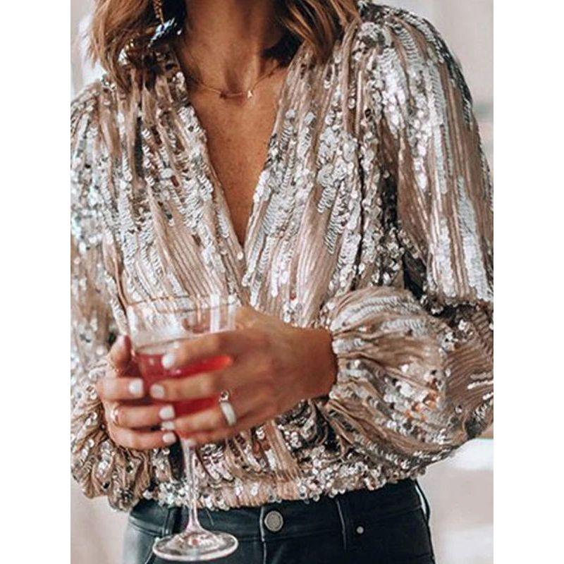 Women's Sequined V-neck Long Sleeve Shirt Sequins V-neck Long sleeve Top Women