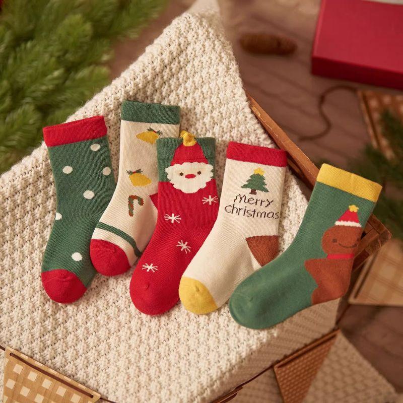 5 Pairs Kids Christmas Socks Cute Santa Claus Tree Snowman Mid Tube Socks For Baby Thick Warm Boys Girls Sock New Year Gift