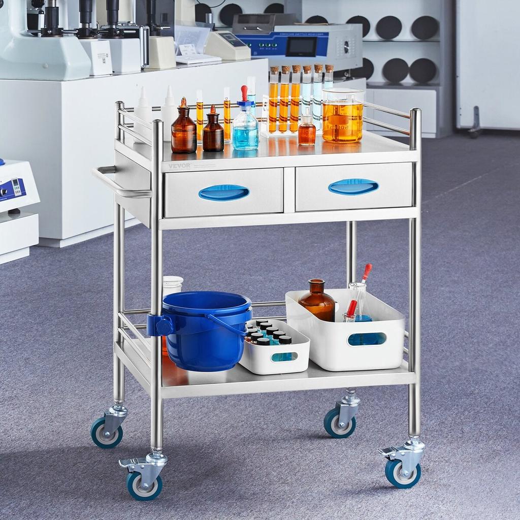 Lab Serving Cart, 2 Layers Stainless Steel Utility Rolling Cart, Medical Cart with Two Drawers, Dental Utility Cart with Lockable Wheels and A Bucket,