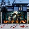 A Halloween garage door banner featuring terrifying bandages monsters witches bats pumpkins owls and dead trees