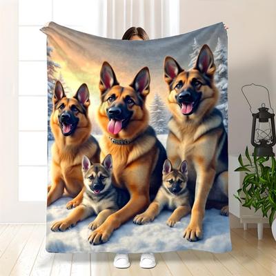 German Shepherd Dog Family Fleece Blanket Winter Snow Scene Soft Cozy Throw Pet Lover Gift Home Decor for Dog Owners100x130