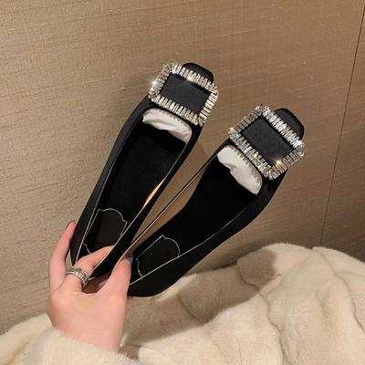Spring New Satin Black Single Shoes Square Head Flat Shoes Square Buckle Rhinestone Versatile Light Mouth Soft Sole Comfortable Work Shoes Women