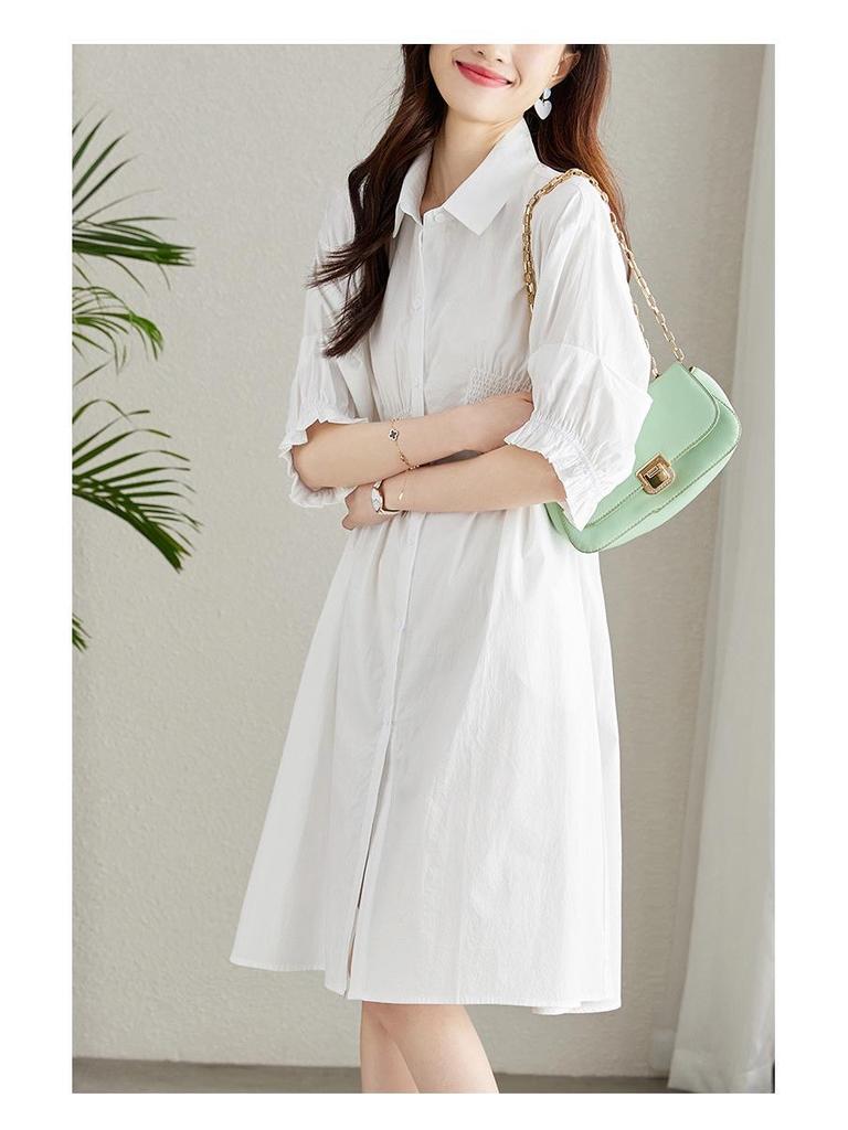 Women's Asymmetrical Pleated Shirt Dress with Waist-Slimming Design and Lantern Sleeves