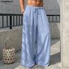 INCERUN Men Drawstring Elastic Waist Thin Casual Loose Long Wide Leg Pants Trousers