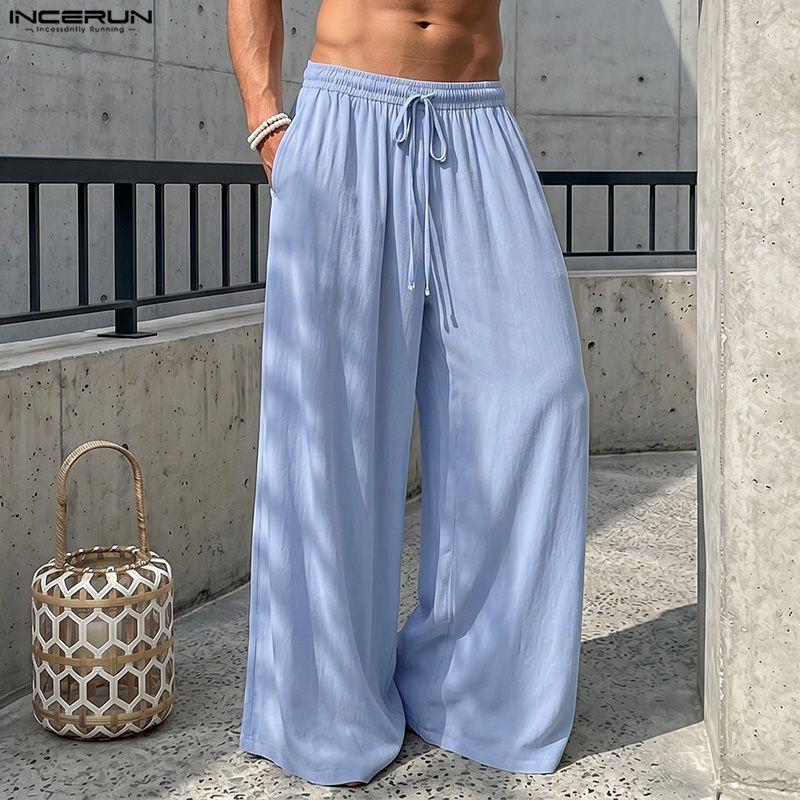 INCERUN Men Drawstring Elastic Waist Thin Casual Loose Long Wide Leg Pants Trousers