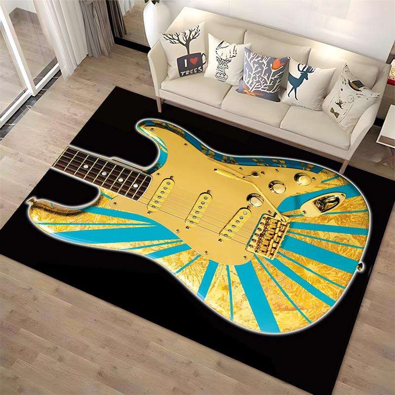 Golden Blue Guitar Design Rug Non-slip rug suitable for living room and bedroom sofas
