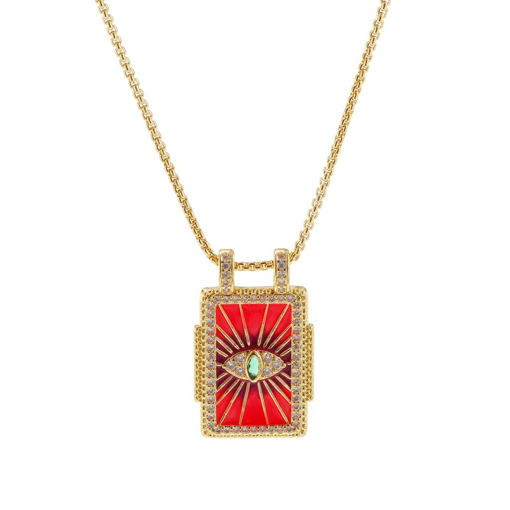 1pc Enamel Heart Pendant Necklace 18K Gold Plated Multicolor Brass Link Cable Chain Rectangle Charm Necklace 45cm + 5cm Long