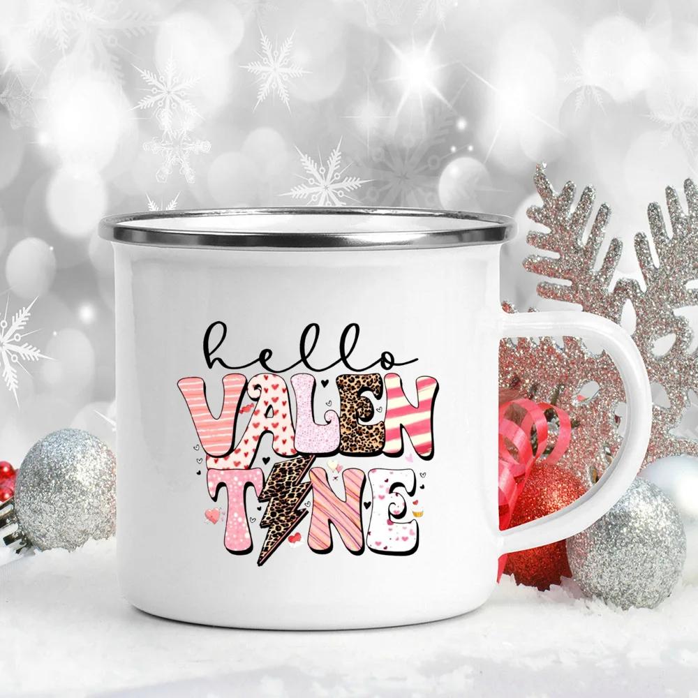Love Heart Printed Camping Mug Valentine Party Juice Milk Cup Coffee Cups Enamel Mugs Valentine's Day Gifts for Family Friends