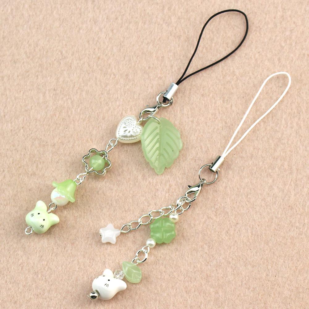 Handmade Four Leaf Clover Totoro Beaded Phone Charm Y2k Cartoon Cute Ceramics Cat Keychain Sweet Girls Bag Charms Decoration