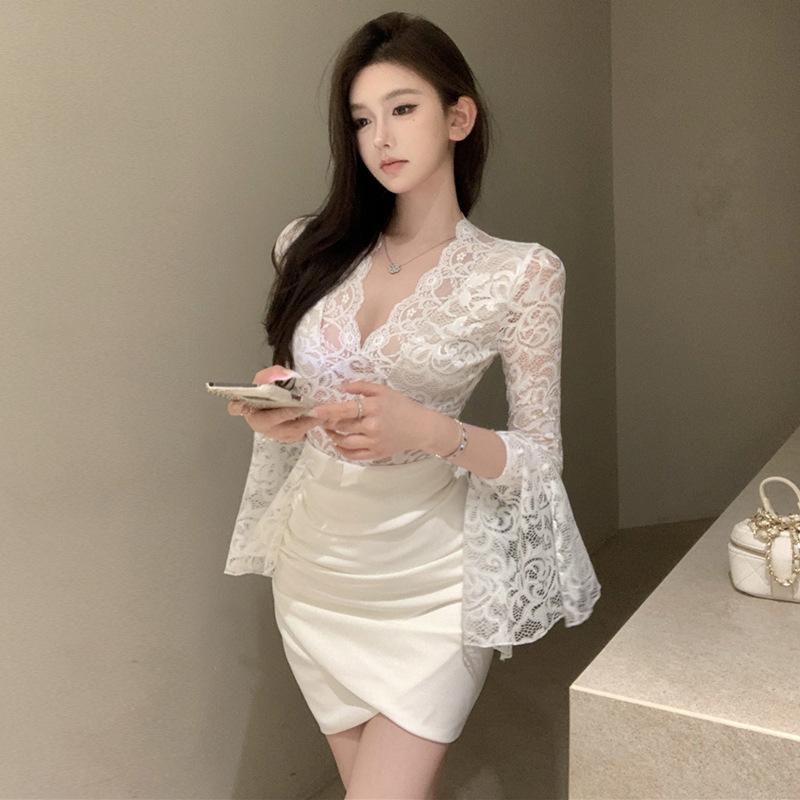 

2025 Women s Spice Girls Sexy Lace Long Sleeve Top Skirt Set M