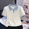 Women Peter Pan Collar Short Sleeve T Shirt Summer Design False Two Piece Top Blouse