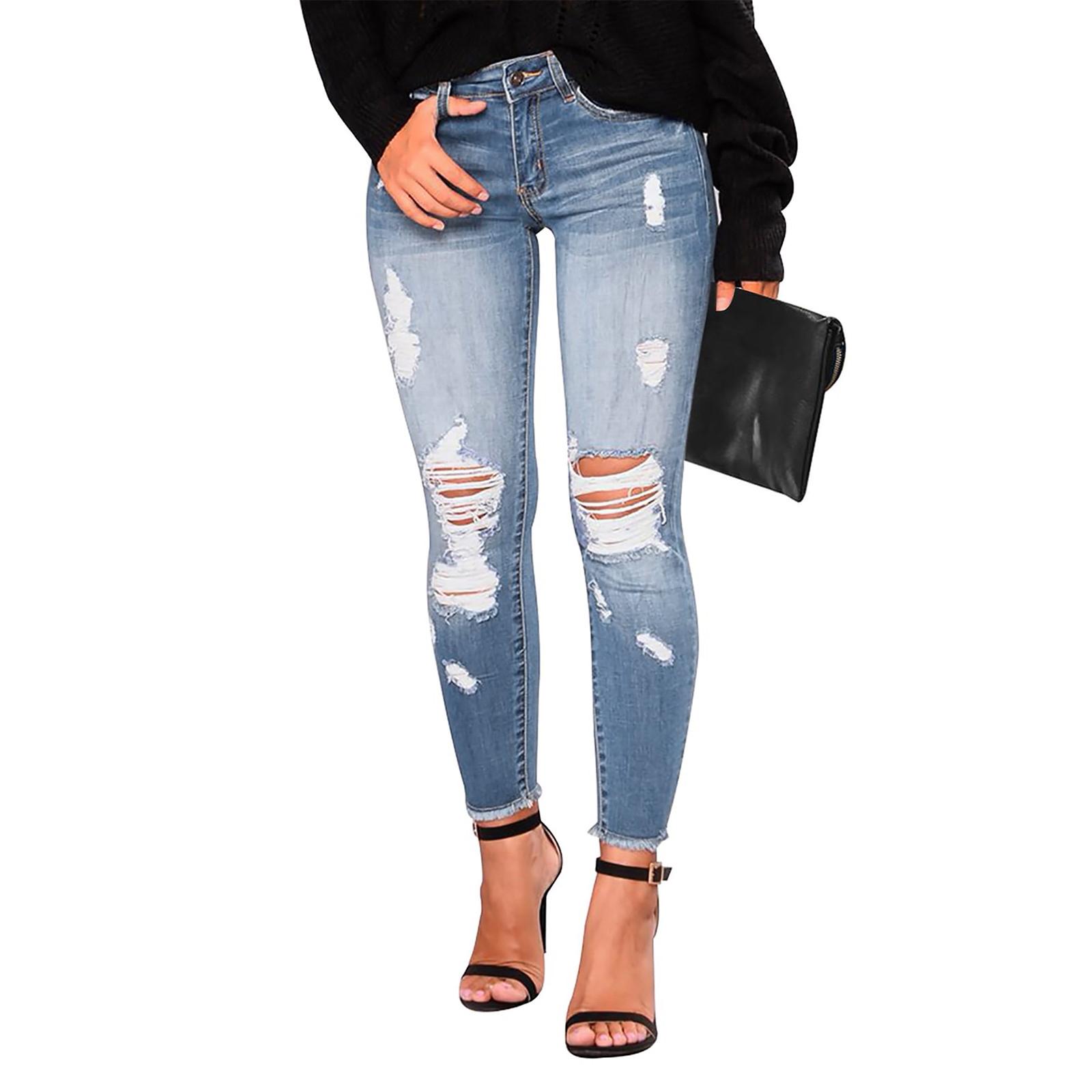 Women s Skinny Ripped Trendy Jeans Distressed Stretchy Denim Pants XL светло-синий