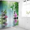 Zen Shower Curtain Green Leaf Floral Purple Flower Butterfly Lotus Black Stone Japanese Garden Relax Meditate Spring Nature