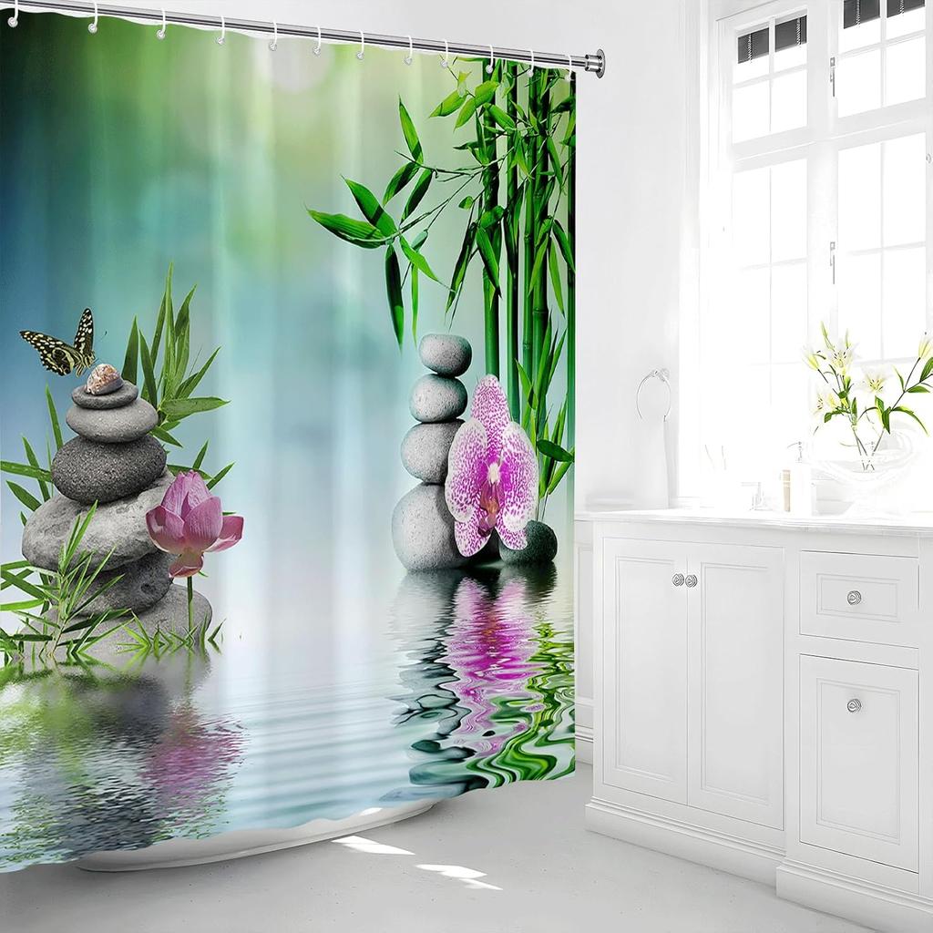 Zen Shower Curtain Green Leaf Floral Purple Flower Butterfly Lotus Black Stone Japanese Garden Relax Meditate Spring Nature