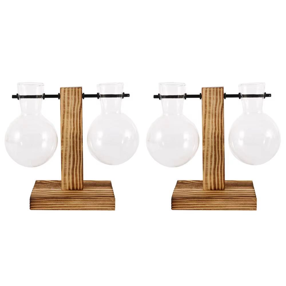 Desktop glass light bulb vase creative flower pot with wooden support hydroponic plant flowers home desktop decoration vase