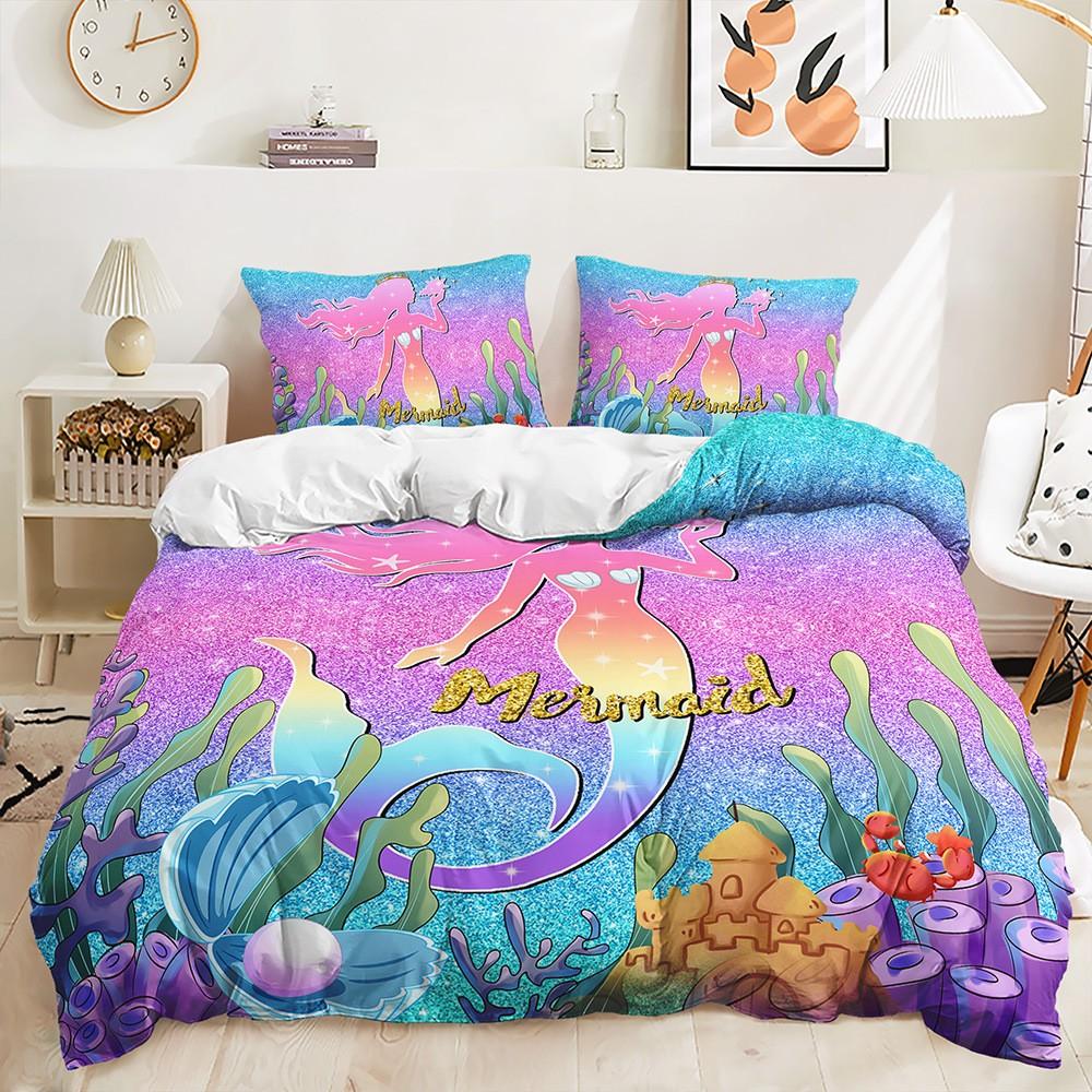 Mermaid Beautiful Rainbow Bedding Set Polyester Duvet Cover Set Single Full Twin Queen Comforter Sets for Girls Women Bed Linen