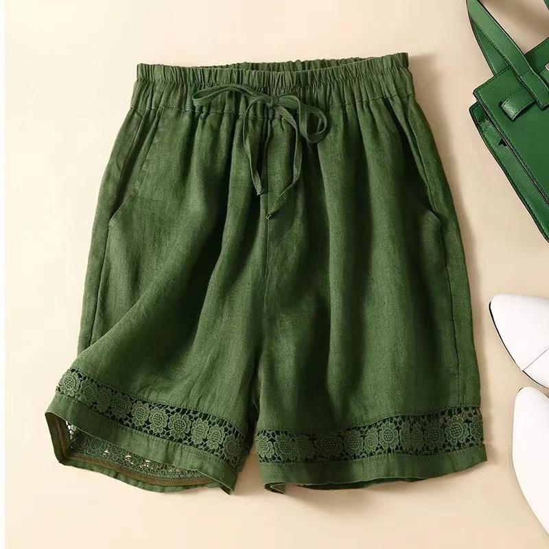 Summer Thin Shorts Women's Retro Hollow Lace Elastic Waist Casual Pants Loose All-match Wide-leg Cotton and Linen Pants