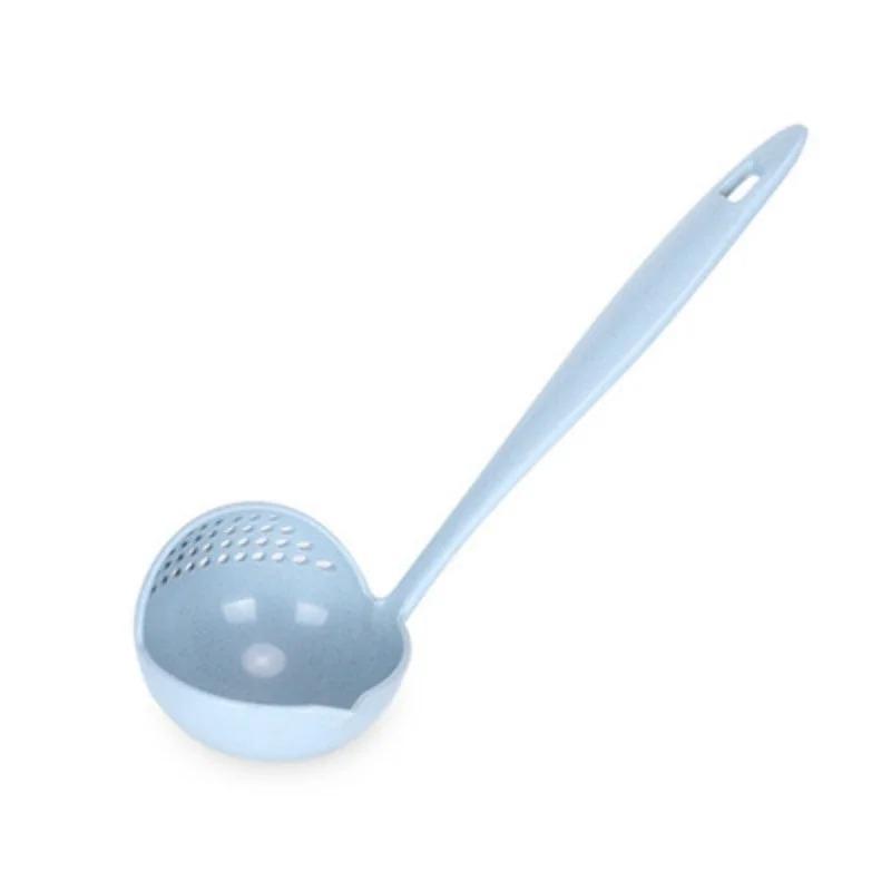 1pc Wheat Strain Soup Ladle High Temp Resistant Long Handle with Draining Holes Light Blue Hot Pot Cooking Utensil Kitchen Tool