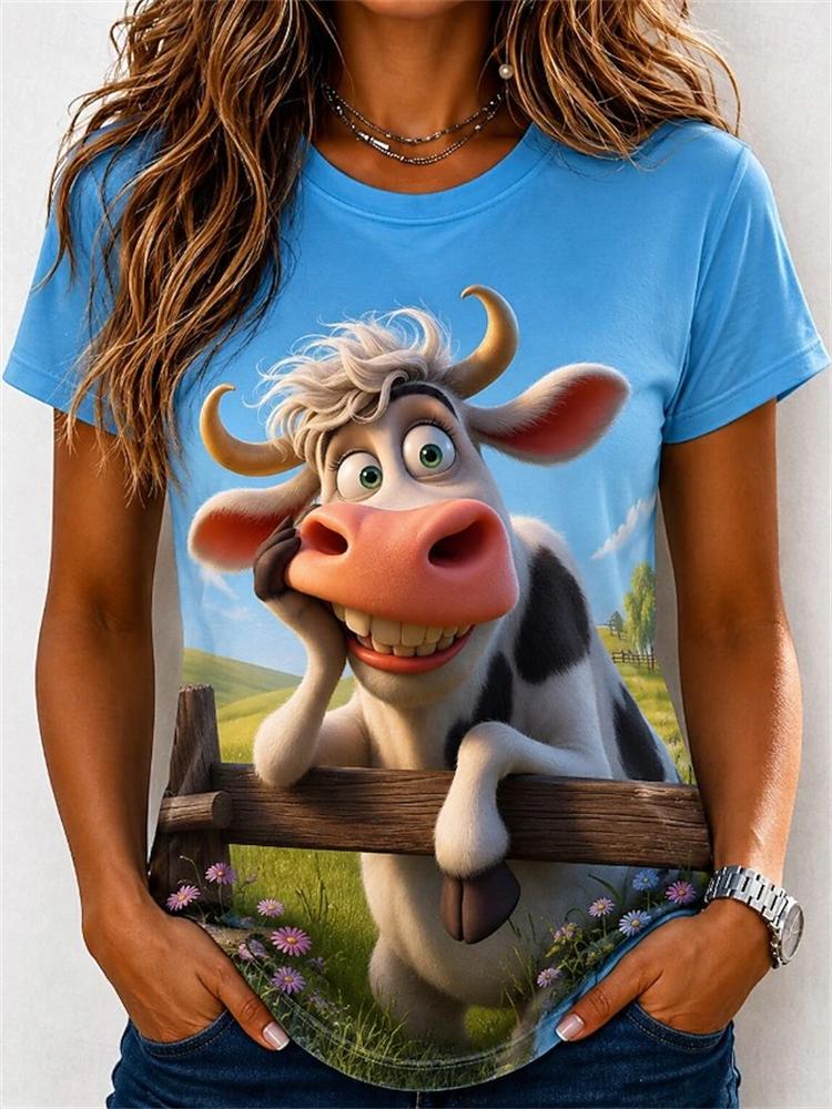 2026 New Women's Fashionable Short-Sleeve T-Shirt Fun Cow Print T-Shirt Trendy Street-Style Women's Short-Sleeve Top