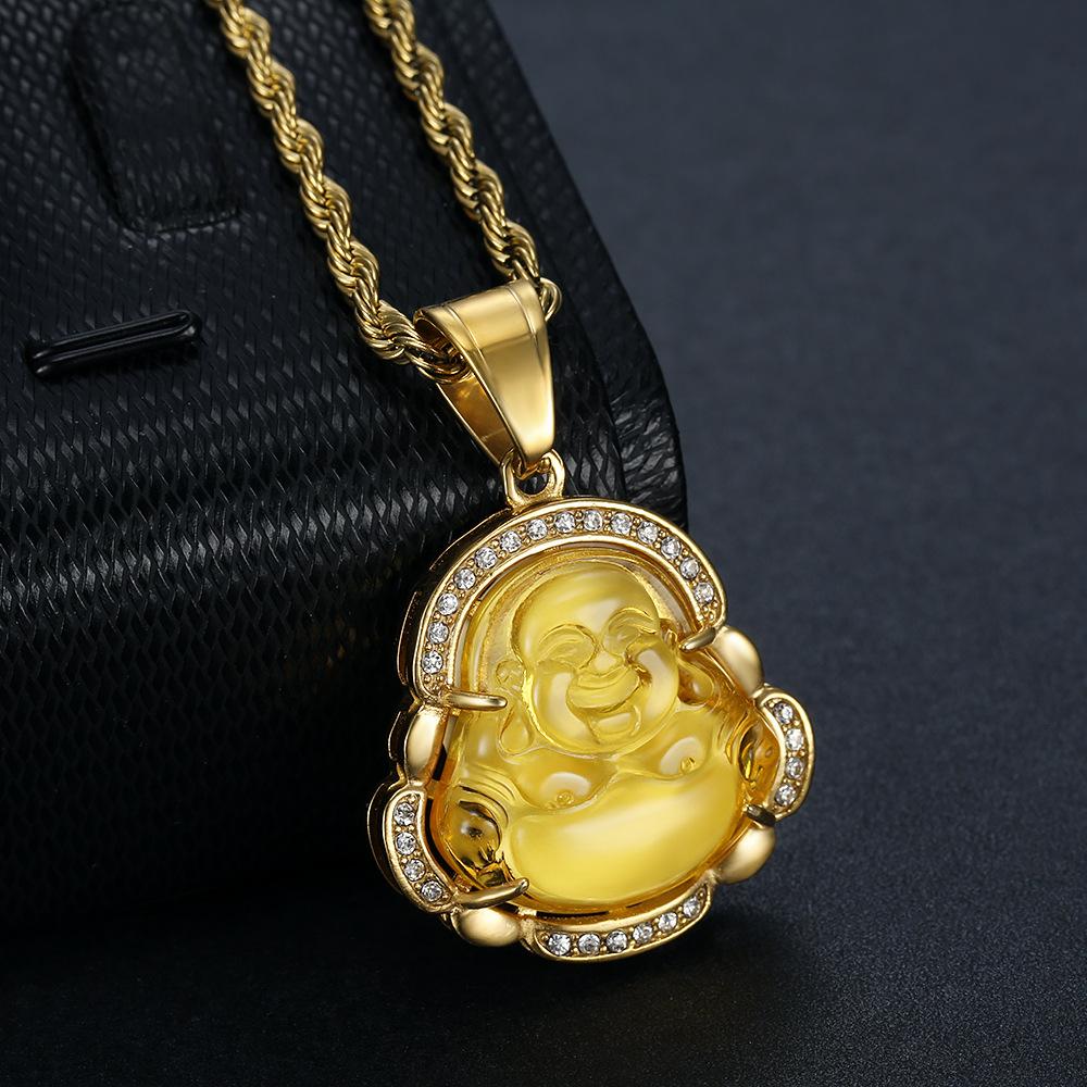 Jade Buddha Pendant Necklace W/ 18K Gold Plated Crystal Charm Hip Hop Chain