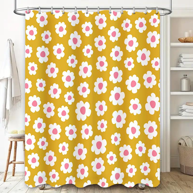 Vintage Bathing Shower Curtain with White and Pink Flowers Print for Home Decoration Waterproof Fabric
