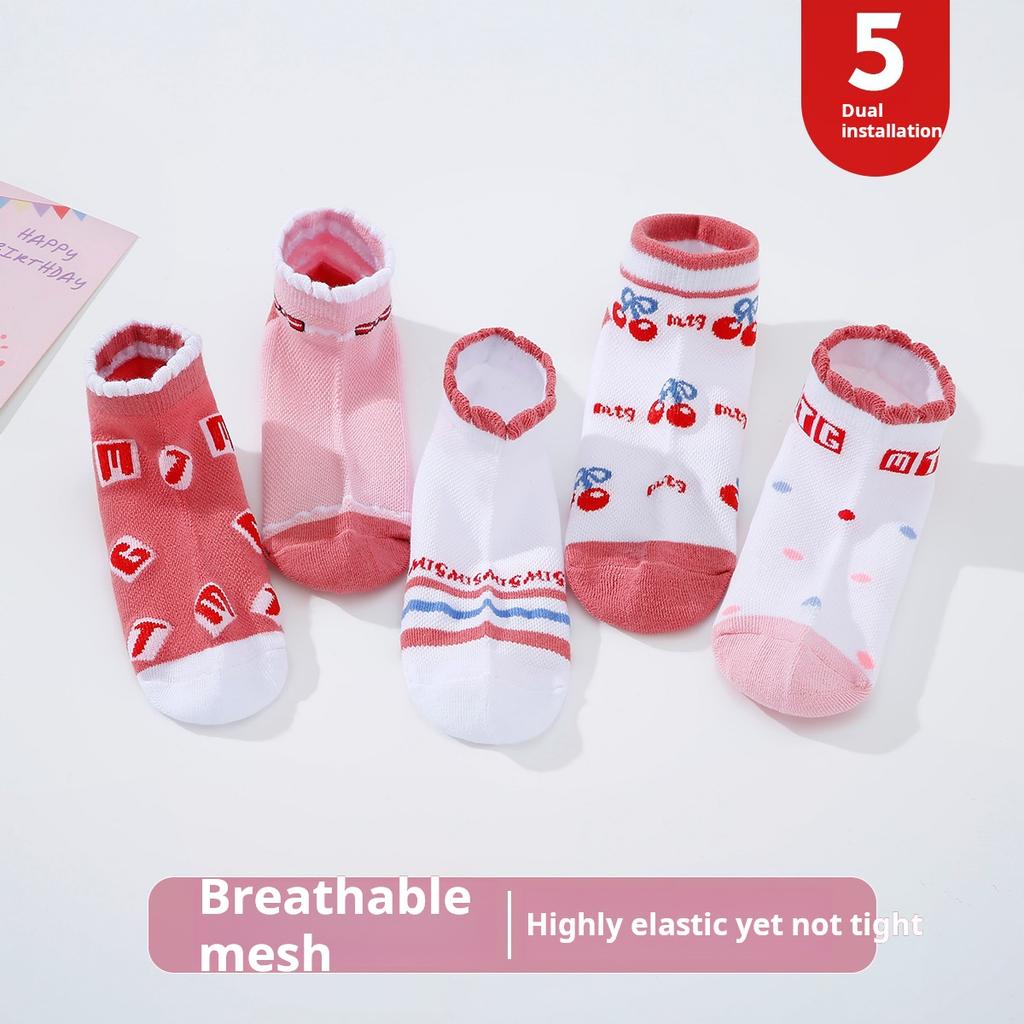 5 Pairs of Girls' Socks, Baby Breathable Cotton Socks, Medium and Large Children's Boat Socks