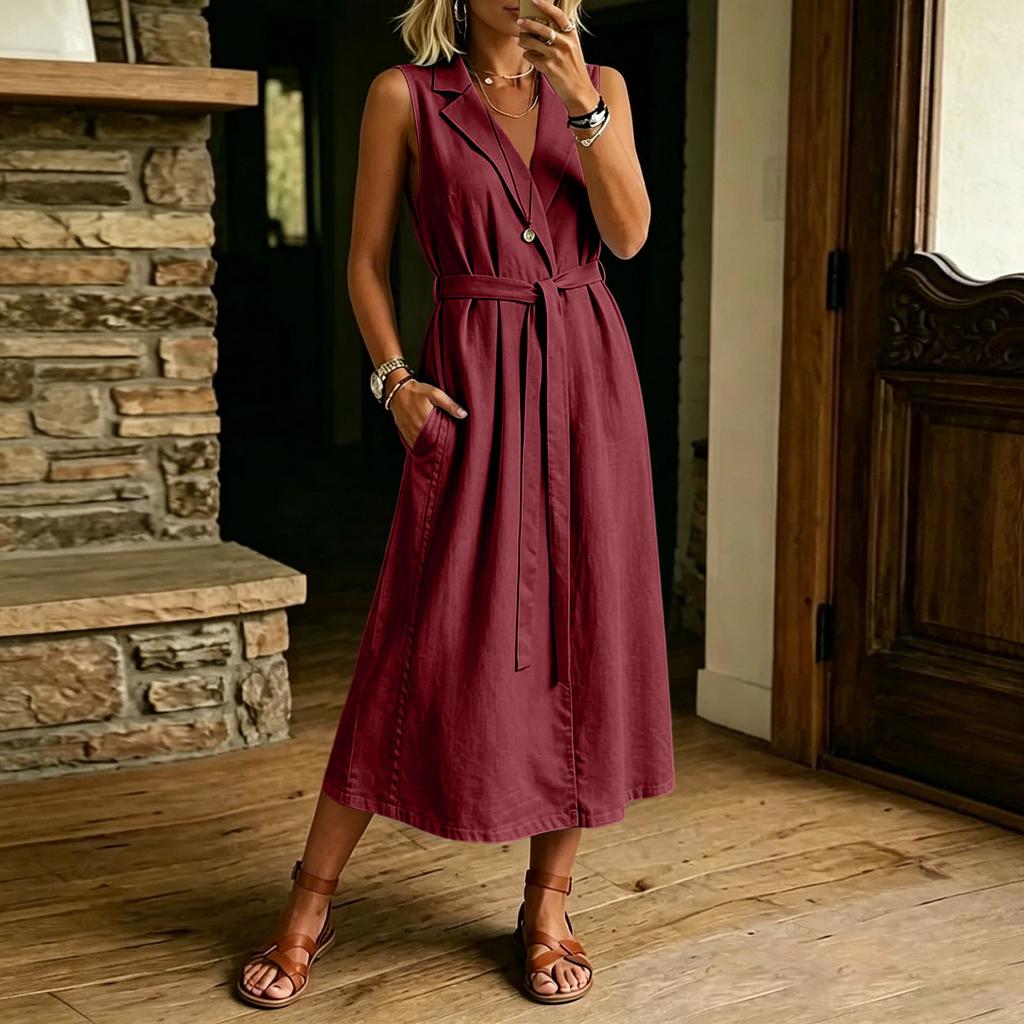 Sleeveless Lapel Collar Midi Dress with Button Front and Waist Tie for Women Casual Loose Fit Summer Dress