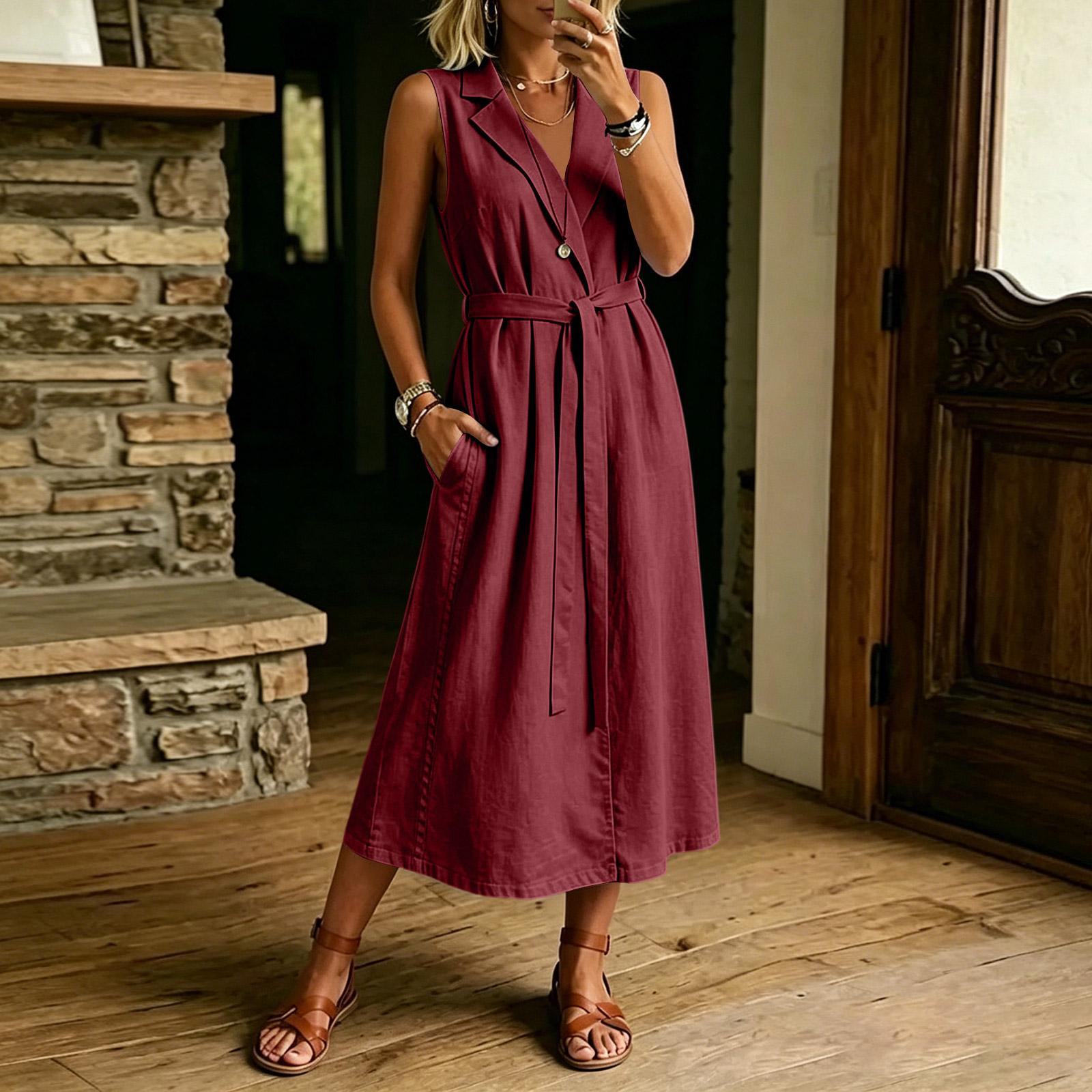Sleeveless Lapel Collar Midi Dress with Button Front and Waist Tie for Women Casual Loose Fit Summer Dress M винный