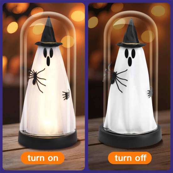 Halloween Ghost Decoration Indoor Light Up in Dome Cloche, Cute Witch Decorative Window Table Lamp with LED for Home Kitchen Mantel Tabletop