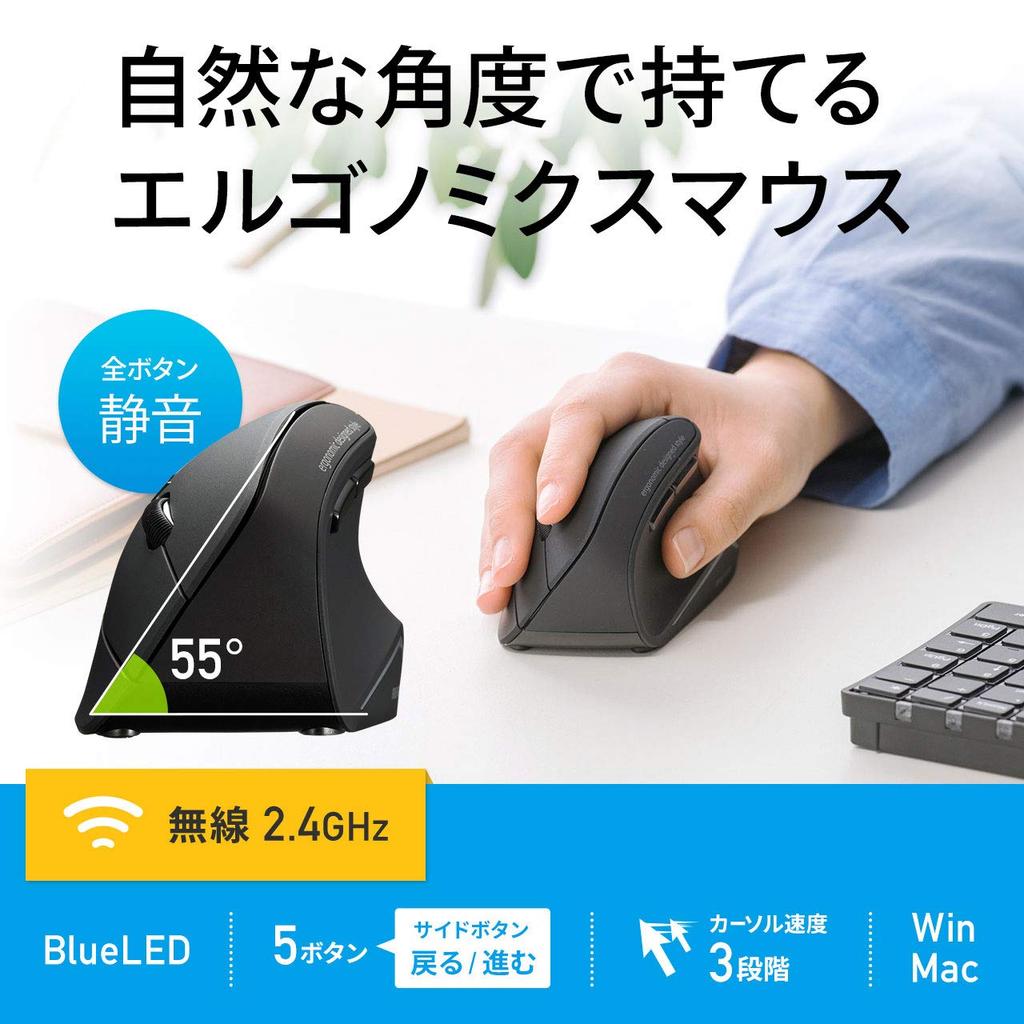 SANWA SUPPLY Mouse Ergonômico, Silencioso, Sem Fio, 2.4GHz, Prevenção de Tendinite, LED Azul, 5 Botões, Grande, MA-ERGW10N