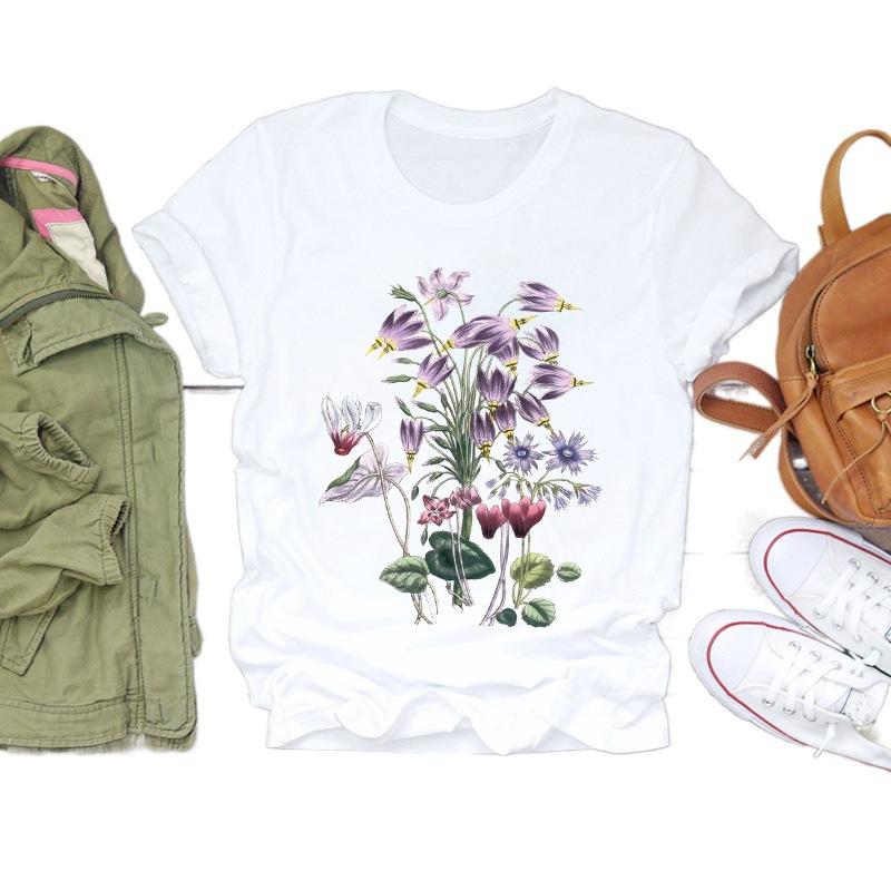 Summer Round Neck Floral Print Top Fashionable Casual Short Sleeved Women's Pure Cotton T-shirts