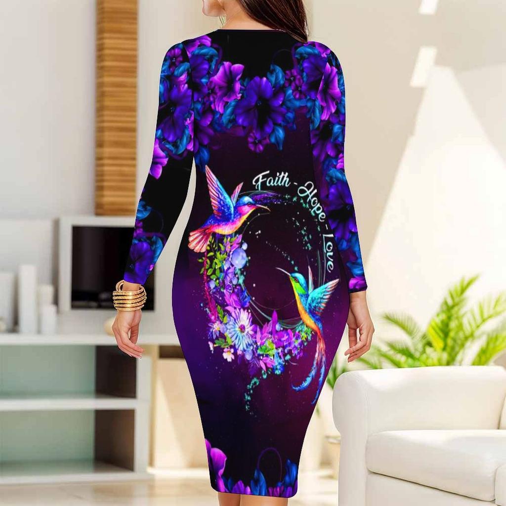Plus Size Women Long Sleeve Round Neck Midi Dress Blue Tone Rose And Butterfly Print Fitted Bodycon Dress