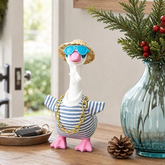 Porch Goose Costumes for 7 Inch Goose Statue, Striped Sweater Straw Hat Sunglasses Chain Set, Easy To Wear Soft Fabric Outdoor Decor Accessories