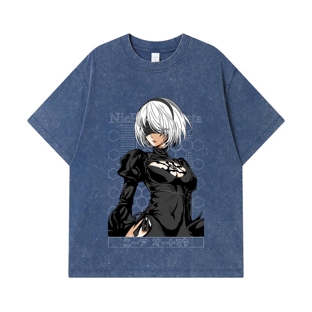 275 GSM Washed T-shirts 100% Cotton NieR Automata V2 2B Print Unisex Heavy Cotton T Shirt