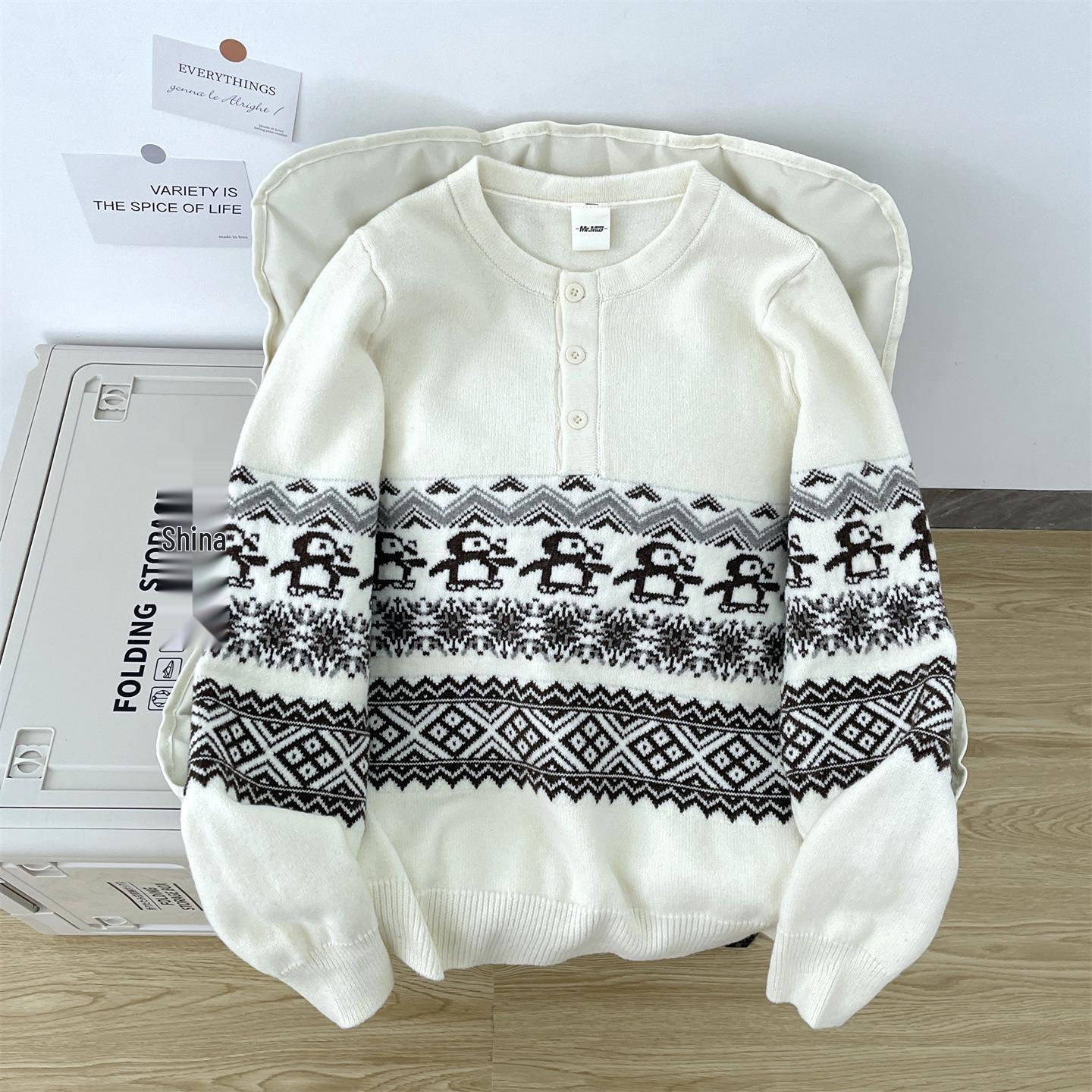 Unisex Fair Isle Jacquard Henley Sweater: Cozy, High-End Knit Base for Autumn & Winter. L