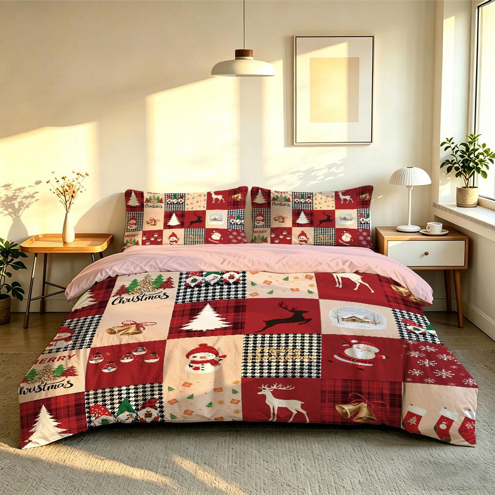 Weihnachts-Bettwäsche-Set 3-teilig Frohe Weihnachten Patchwork Gitterdruck Weiche Mikrofaser-Bettwäsche mit Kissenbezügen Dekoration